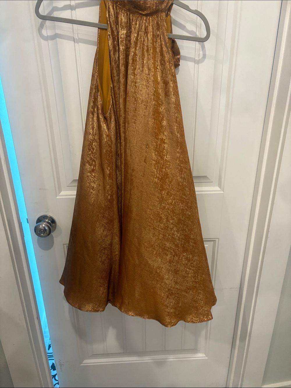 STORIA Metallic Gold Bronze Halter Tie Neck Mini Dress S